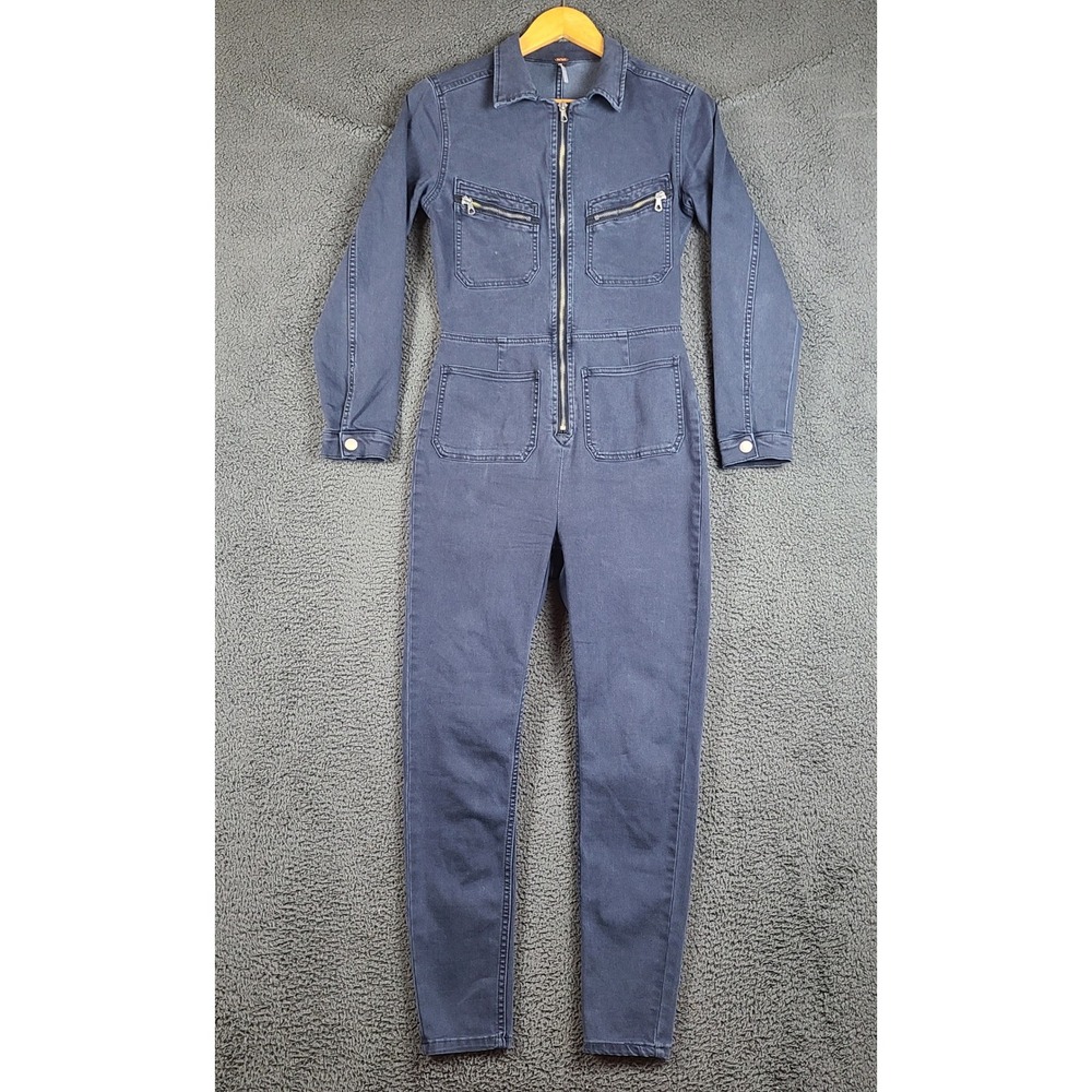 Free People Marci Denim Coverall Jumpsuit Navy Blue Utility Boiler Suit Small S